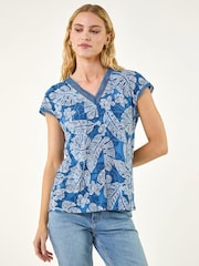 Roman Blue Leaf Print Lace Trim Top - Image 1 of 5