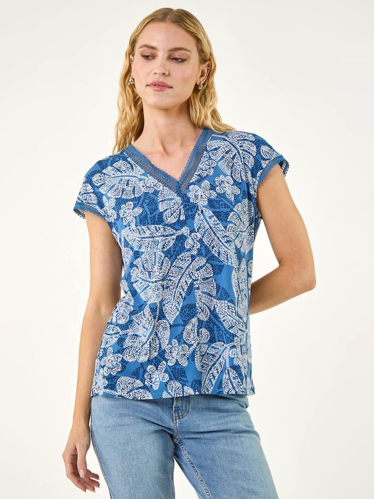 Roman Blue Leaf Print Lace Trim Top - Image 1 of 5 Roman Blue Leaf Print Lace Trim Top - Image 1 of 5