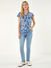 Roman Blue Leaf Print Lace Trim Top - Image 2 of 5