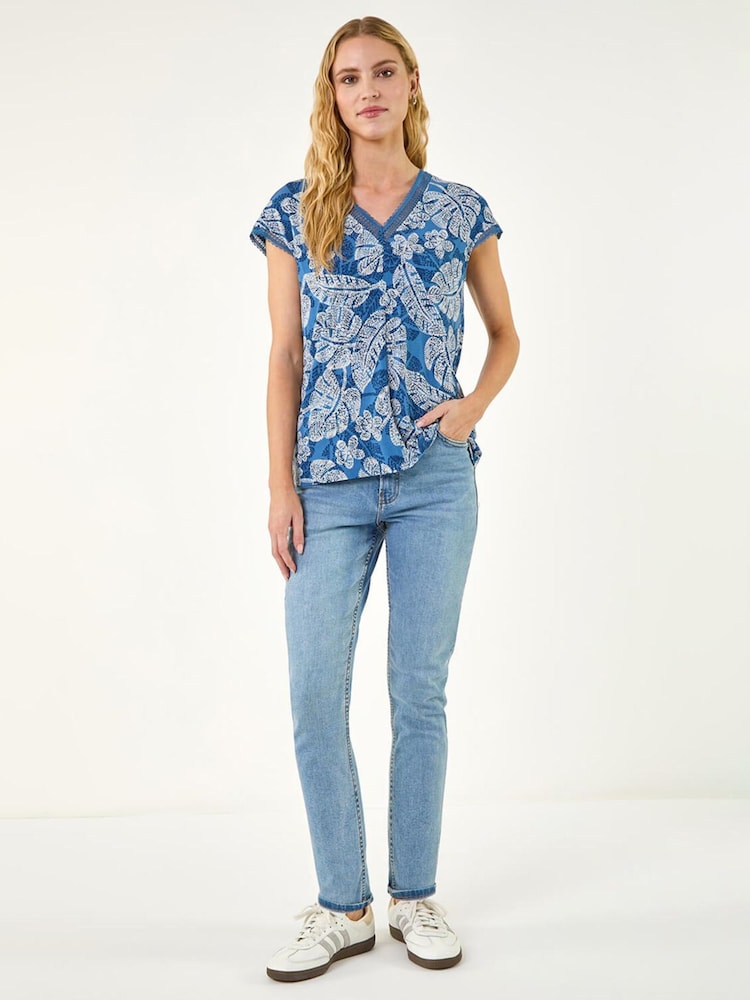 Roman Blue Leaf Print Lace Trim Top - Image 2 of 5 Roman Blue Leaf Print Lace Trim Top - Image 2 of 5