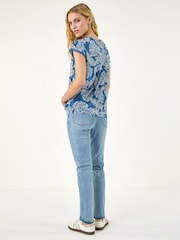 Roman Blue Leaf Print Lace Trim Top - Image 3 of 5