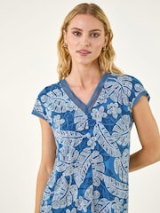 Roman Blue Leaf Print Lace Trim Top - Image 4 of 5