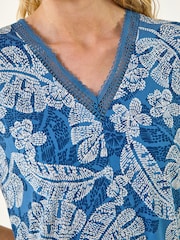 Roman Blue Leaf Print Lace Trim Top - Image 5 of 5