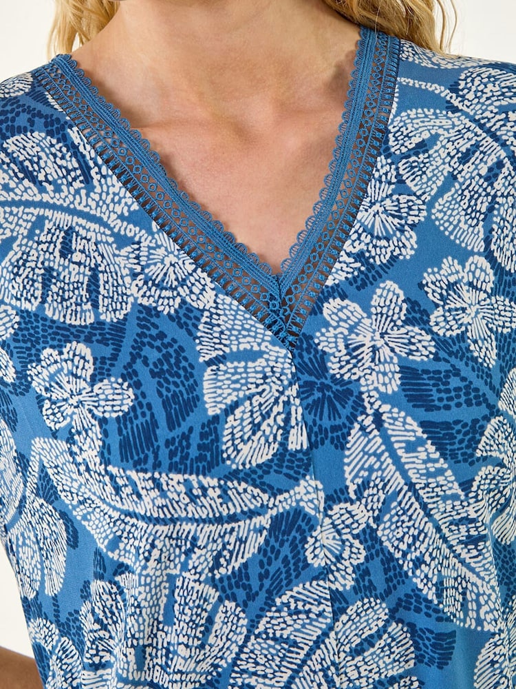 Roman Blue Leaf Print Lace Trim Top - Image 5 of 5 Roman Blue Leaf Print Lace Trim Top - Image 5 of 5