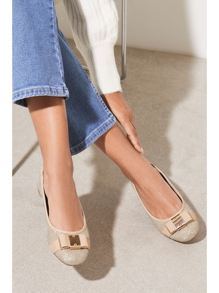 Lipsy Gold Wide Fit Flat Bow Ballet Pumps - Image 1 of 4