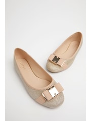 Lipsy Gold Wide Fit Flat Bow Ballet Pumps - Image 3 of 4