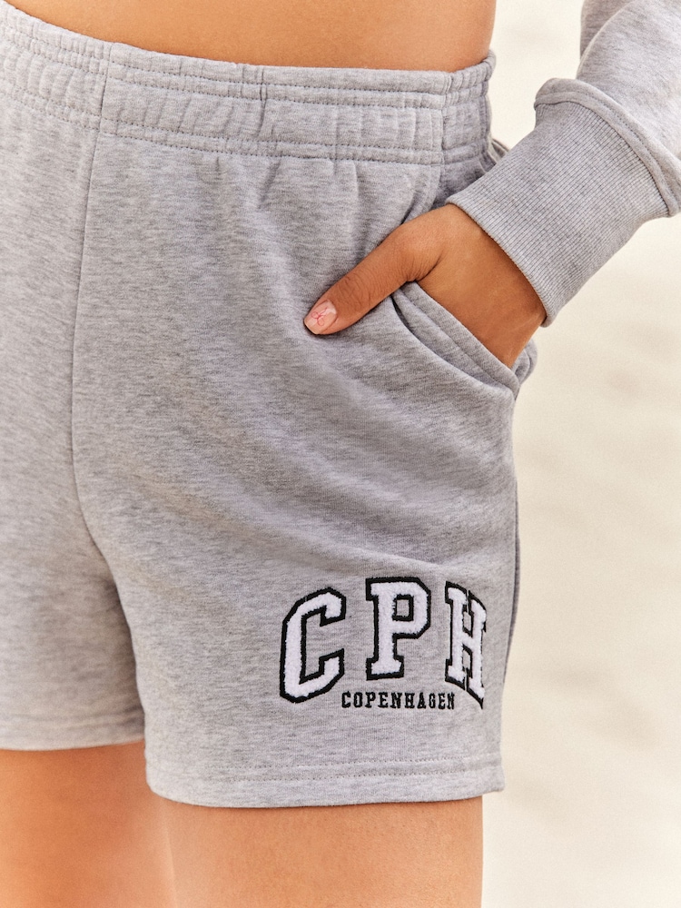 Grey Bouclé Detail Copenhagen City Graphic Slogan Shorts - Image 3 of 3 Grey Bouclé Detail Copenhagen City Graphic Slogan Shorts - Image 3 of 3