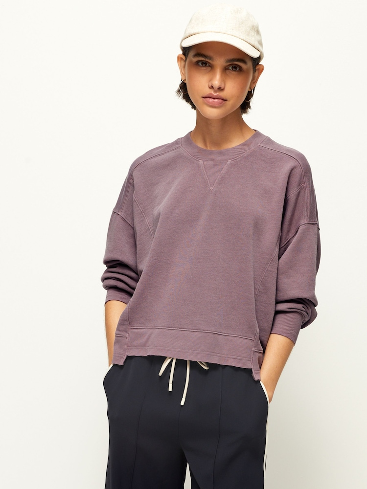 Purple Raw Hem Detail Washed Crew Neck 100% Cotton Sweatshirt - Image 1 of 7