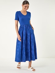 Roman Blue Floral Print Pocket Midi Dress - Image 1 of 4