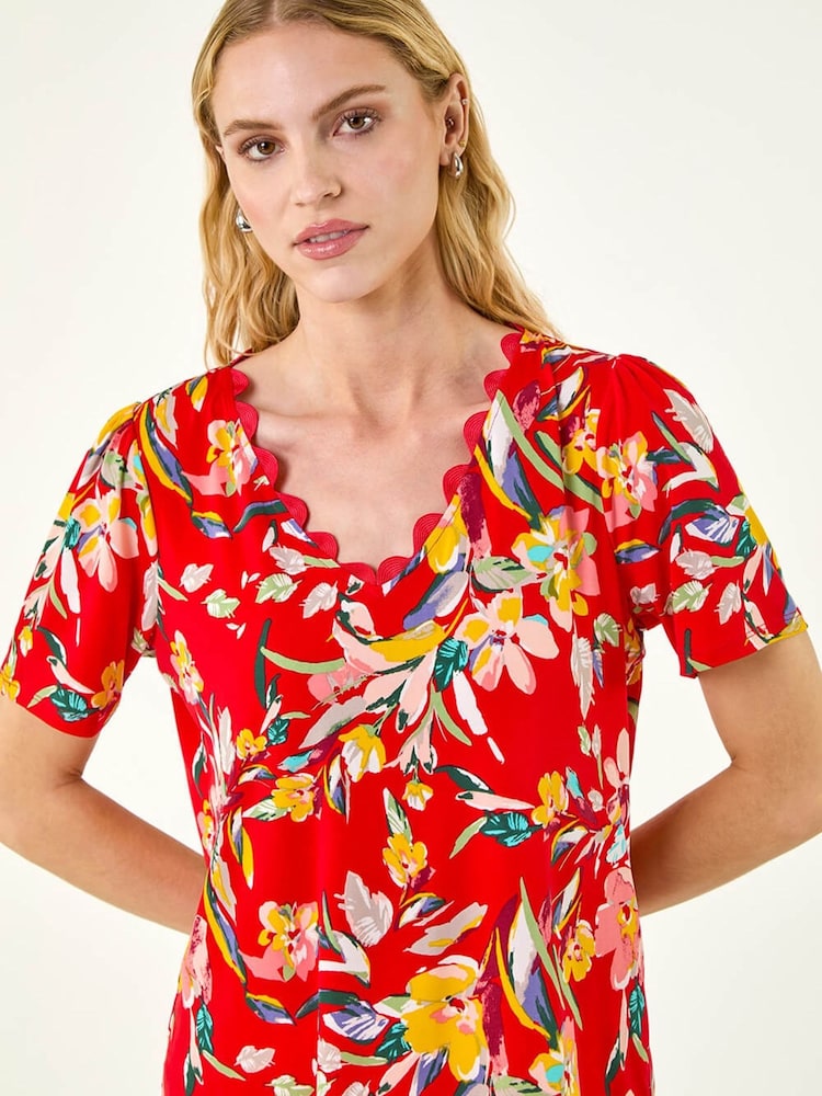 Roman Red Floral Print Scallop Detail Top - Image 1 of 5 Roman Red Floral Print Scallop Detail Top - Image 1 of 5