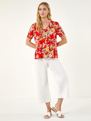 Roman Red Floral Print Scallop Detail Top - Image 2 of 5