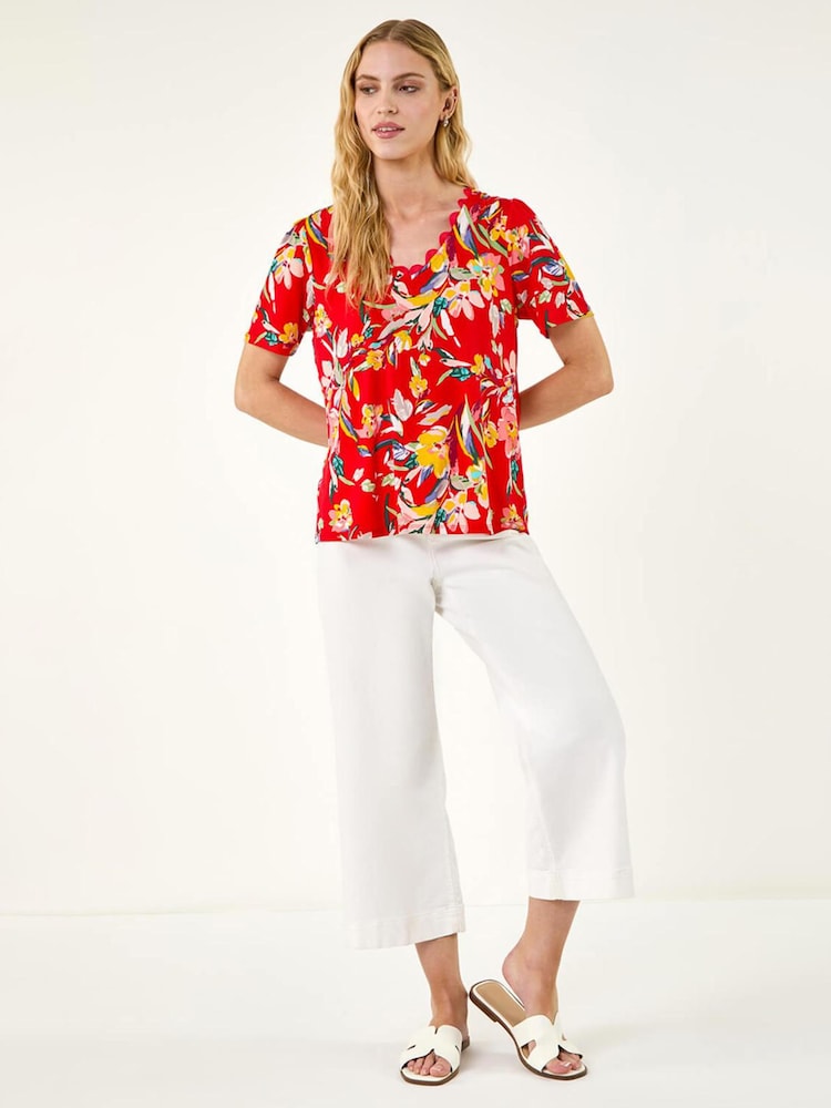 Roman Red Floral Print Scallop Detail Top - Image 2 of 5 Roman Red Floral Print Scallop Detail Top - Image 2 of 5