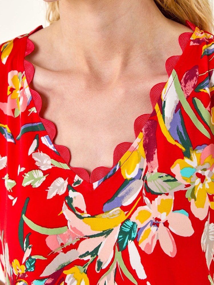 Roman Red Floral Print Scallop Detail Top - Image 5 of 5 Roman Red Floral Print Scallop Detail Top - Image 5 of 5