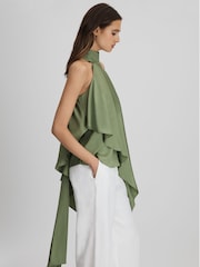 Reiss Green Elsie Asymmetric Draped Blouse - Image 3 of 6