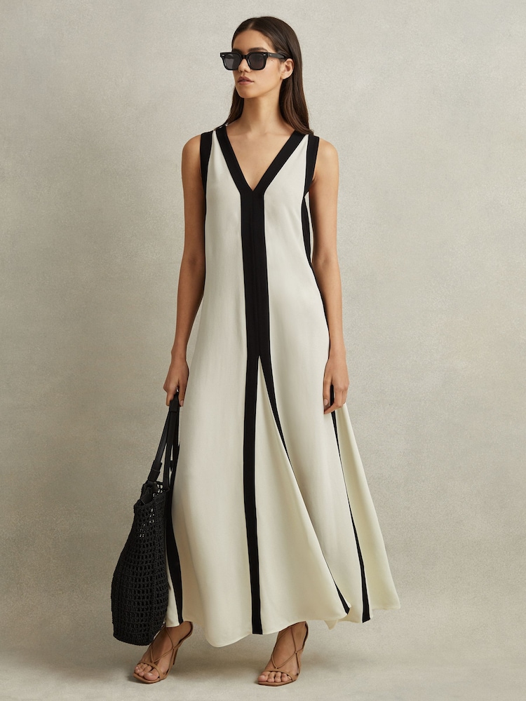 Reiss Black/Cream Rae Colourblock Maxi Dress - Image 1 of 6