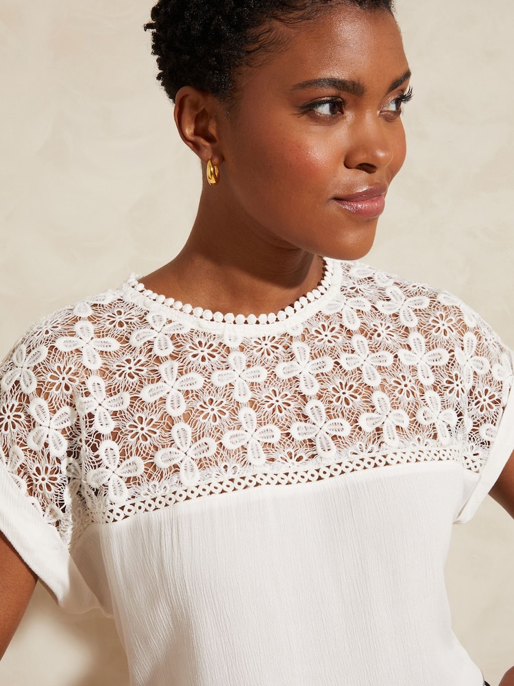 Love & Roses Ivory White Crochet Yoke Woven T-Shirt - Image 2 of 4 Love & Roses Ivory White Crochet Yoke Woven T-Shirt - Image 2 of 4