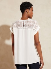 Love & Roses Ivory White Crochet Yoke Woven T-Shirt - Image 3 of 4