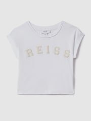 Reiss White Taya 4-9 yrs Textured Motif Cotton Crew Neck T-Shirt - Image 2 of 7