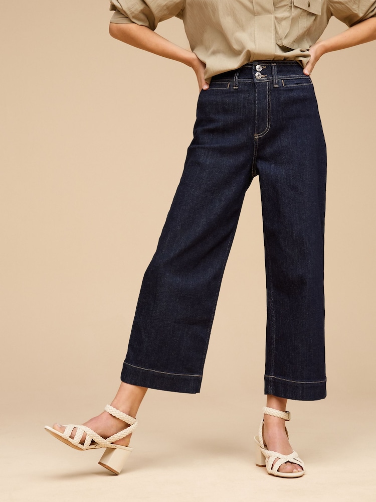 Rinse-Waschung, Blau - Kurz geschnittene Jeans mit weitem Bein und Verschluss mit zwei Knöpfen - Bild 2 von 6