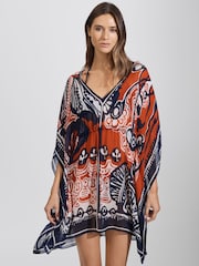 Reiss Navy/Red Emmi Printed Drawstring Waist Kaftan - Image 1 of 7