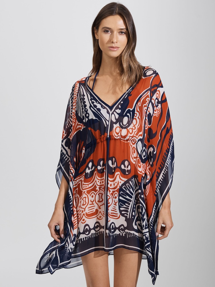 Reiss Navy/Red Emmi Printed Drawstring Waist Kaftan - Image 1 of 7