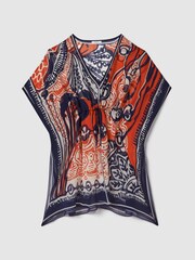 Reiss Navy/Red Emmi Printed Drawstring Waist Kaftan - Image 2 of 7