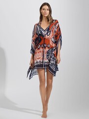 Reiss Navy/Red Emmi Printed Drawstring Waist Kaftan - Image 3 of 7