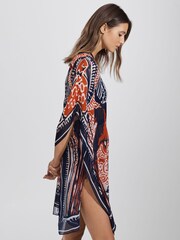 Reiss Navy/Red Emmi Printed Drawstring Waist Kaftan - Image 4 of 7