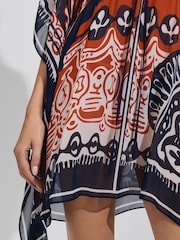 Reiss Navy/Red Emmi Printed Drawstring Waist Kaftan - Image 5 of 7