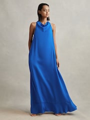 Reiss Cobalt Blue Dina Tie Neck Column Maxi Dress - Image 4 of 6