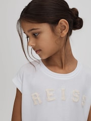 Reiss White Taya Teen Textured Motif Cotton Crew Neck T-Shirt - Image 1 of 7