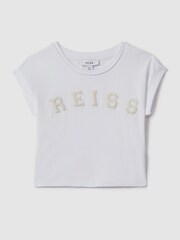 Reiss White Taya Teen Textured Motif Cotton Crew Neck T-Shirt - Image 2 of 7