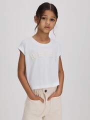Reiss White Taya Teen Textured Motif Cotton Crew Neck T-Shirt - Image 3 of 7