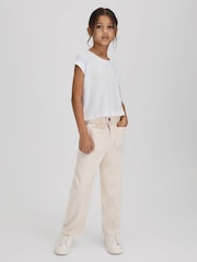 Reiss White Taya Teen Textured Motif Cotton Crew Neck T-Shirt - Image 4 of 7