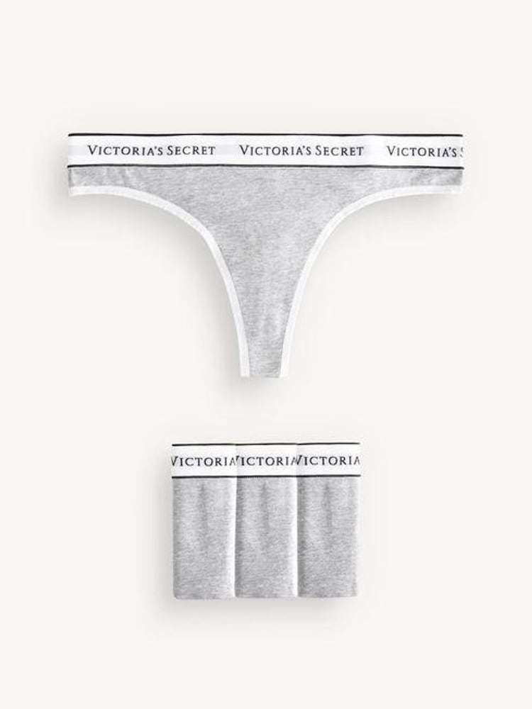Victoria's Secret Grey Heather Thong Logo 4 Pack Knickers - Image 1 of 3