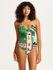 Seafolly Green Drawstring Halter Printed Swimsuit One Piece - Image 1 of 6