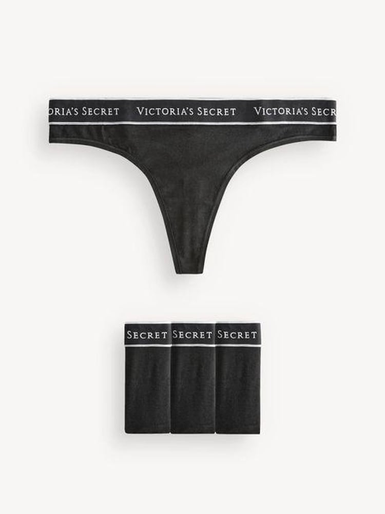 Victoria's Secret Black Thong Logo 4 Pack Knickers - Image 1 of 4