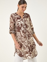 Roman Brown Leaf Print Longline Button Blouse - Image 1 of 4