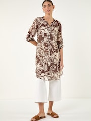 Roman Brown Leaf Print Longline Button Blouse - Image 2 of 4