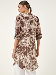Roman Brown Leaf Print Longline Button Blouse - Image 3 of 4