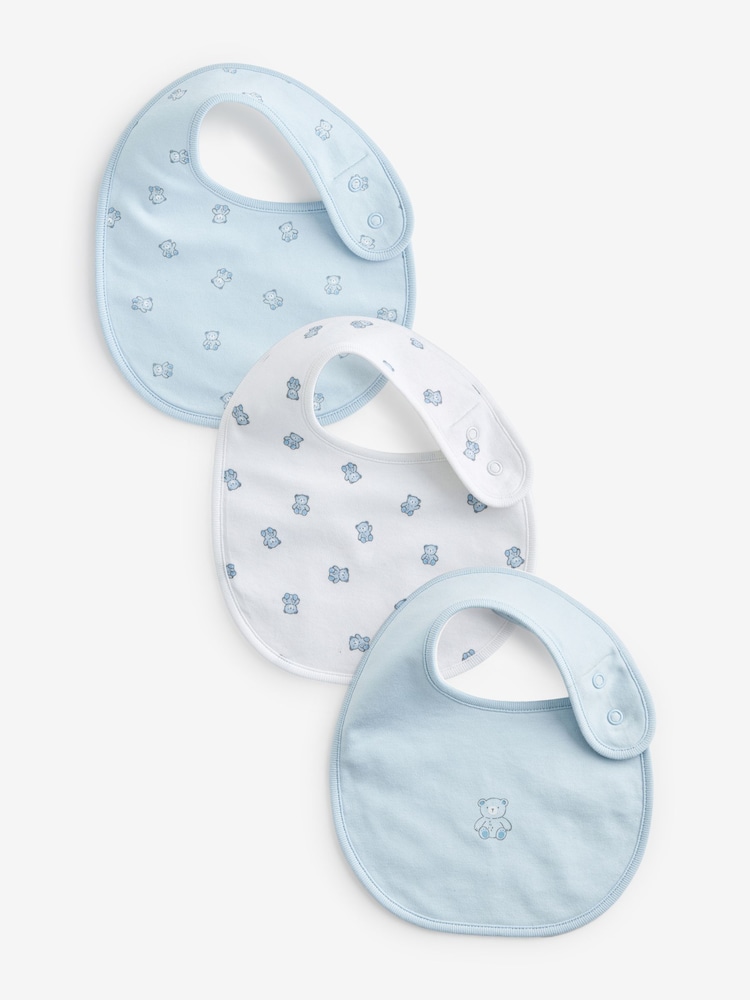 Blue/White Bear Baby 100% Cotton Bibs 3 Pack - Image 1 of 4