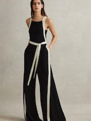 Reiss Black/White Salma Contrast Trim Belted Jumpsuit - Image 1 of 6