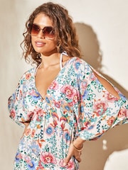 Lipsy Ivory White Floral Printed V Neck Split Detail Cover Up - Image 4 of 4