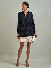 Reiss Navy/Blush Gabby Pleated Colourblock Mini Dress - Image 1 of 6