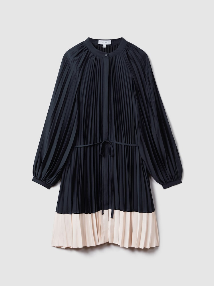 Reiss Navy/Blush Gabby Pleated Colourblock Mini Dress - Image 2 of 6