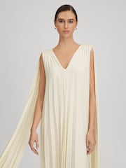 Reiss Lemon Loreli Pleated Cape Sleeve Midi Dress - Image 3 of 8