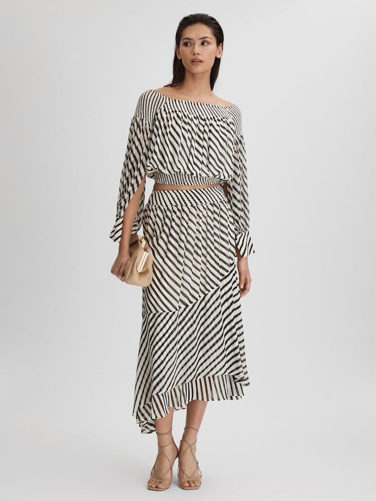 Reiss Black/Cream Dani Striped Panelled Midi Skirt - Image 1 of 4