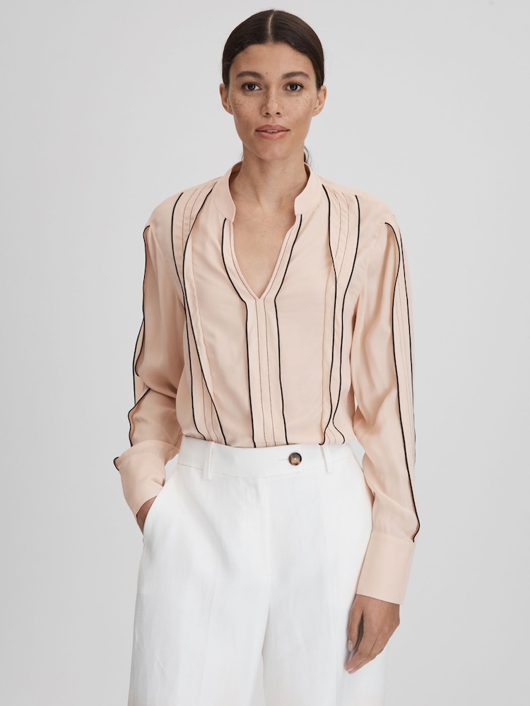 Reiss Nude Mia Contrast Trim Ruffle Blouse - Image 1 of 6