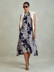 Reiss Blue Becci Printed Open Back Midi Dress - Image 1 of 5