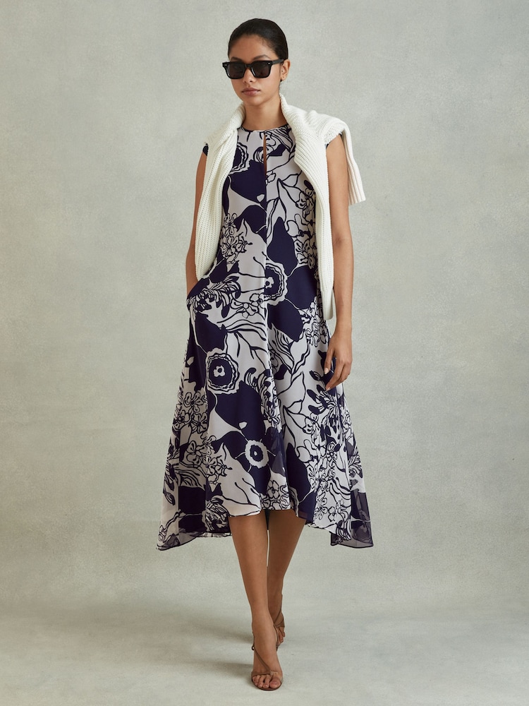 Reiss Blue Becci Printed Open Back Midi Dress - Image 1 of 5